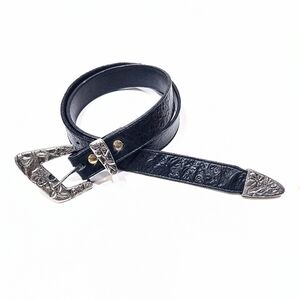 VTG Cia Accessories Western Belt Black Floral Embossed Leather Silvertone Buckle